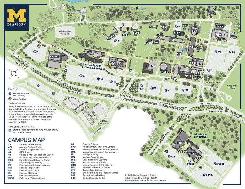 Campus map of the University of Michigan–Dearborn