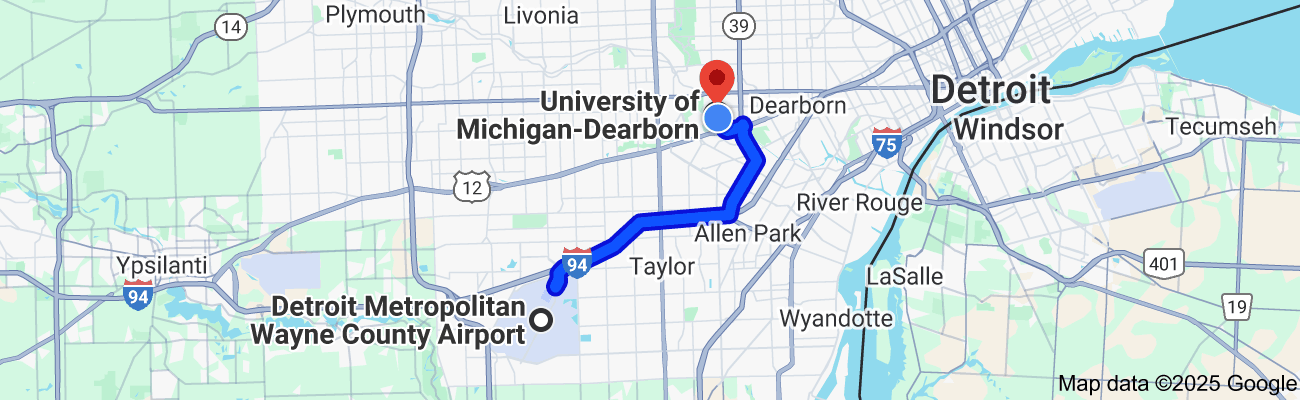 Driving route from Detroit Metro Airport to the University of Michigan–Dearborn