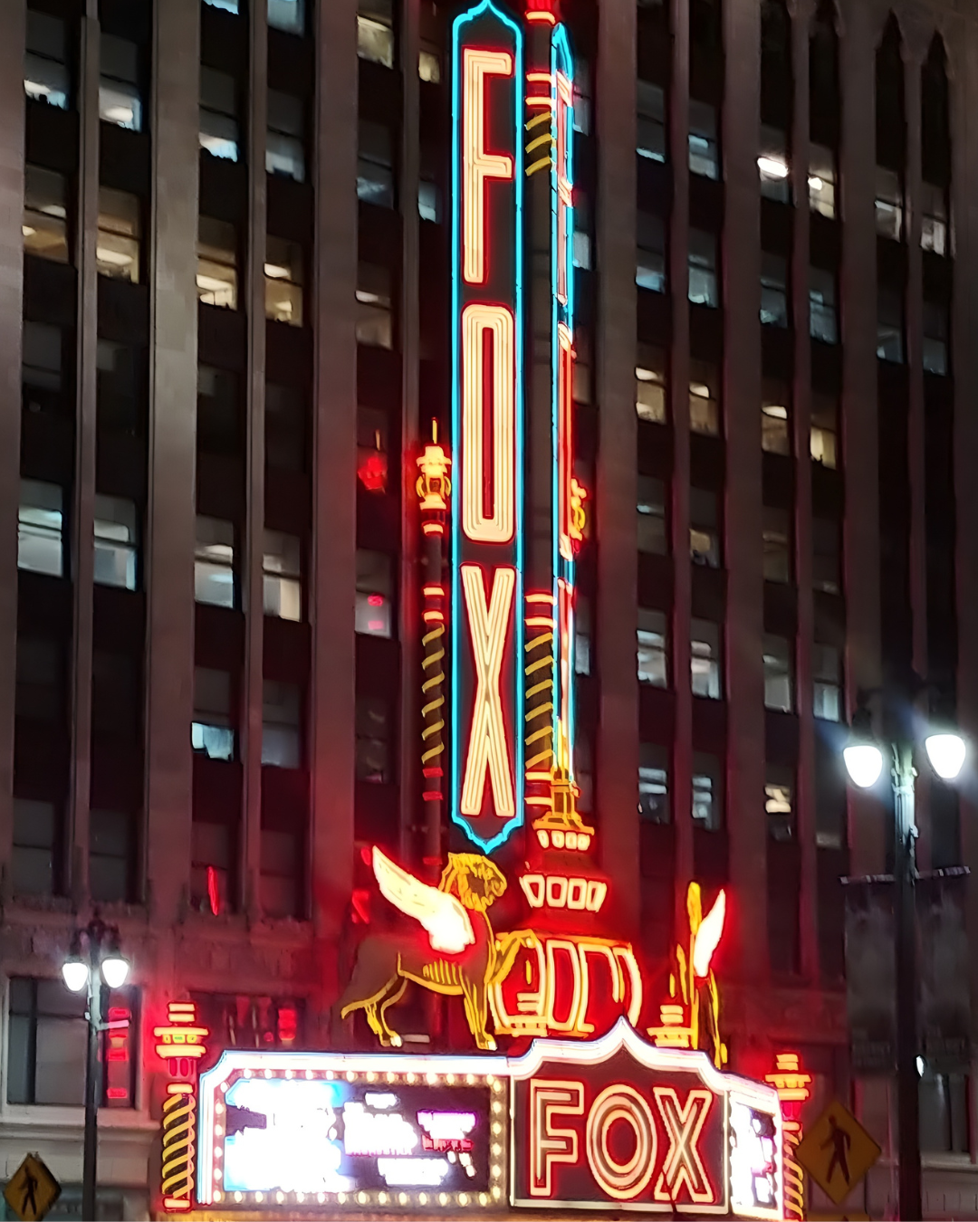 Exterior marquee of the historic Fox Theatre in downtown Detroit